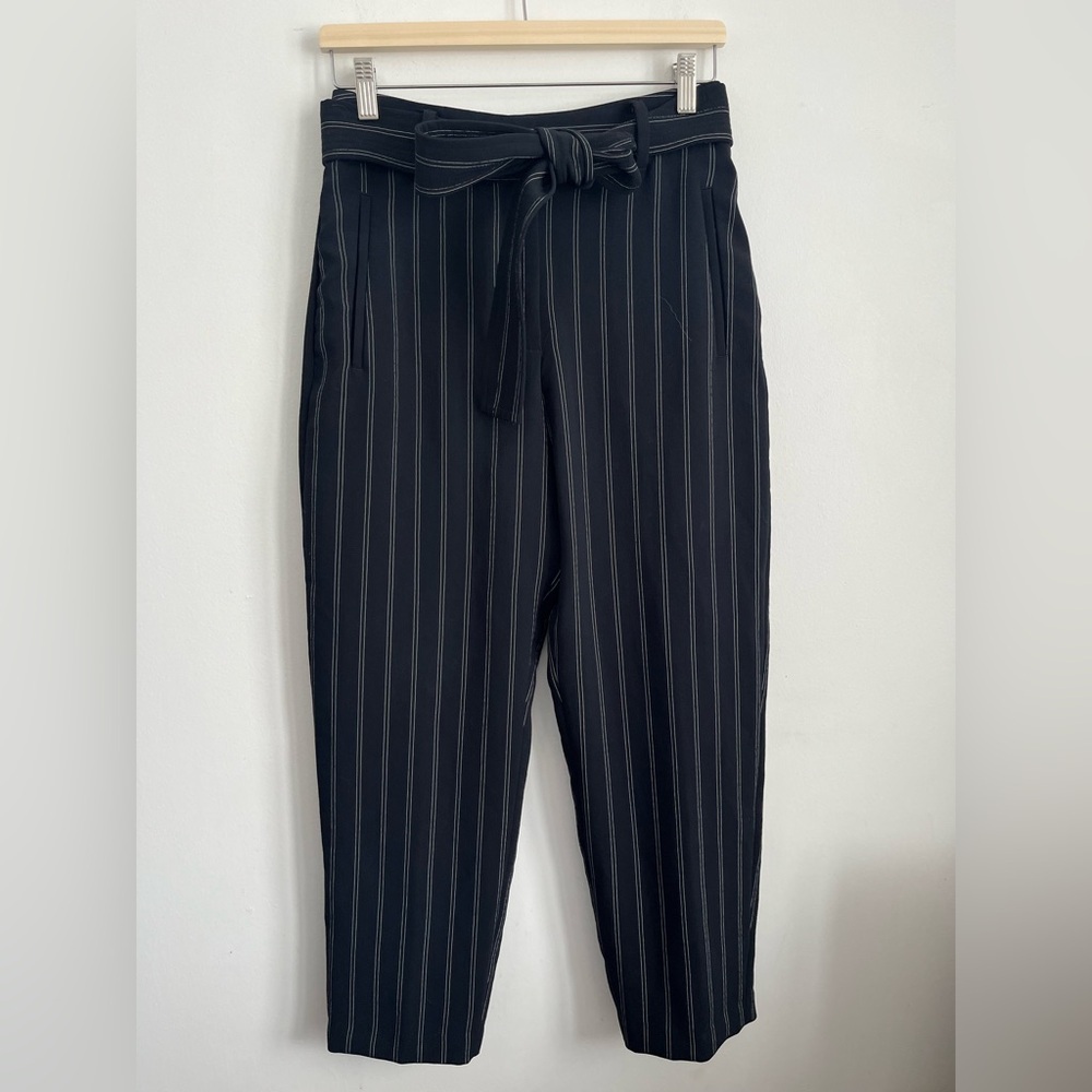 Aritzia Wilfred Tie-Front Straight Leg Pinstripe Black Trouser Office Pant US 6